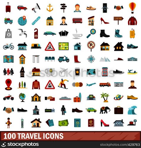 100 travel icons set in flat style for any design vector illustration. 100 travel icons set, flat style