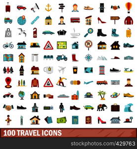 100 travel icons set in flat style for any design vector illustration. 100 travel icons set, flat style