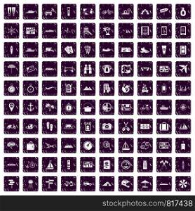 100 travel icons set in grunge style purple color isolated on white background vector illustration. 100 travel icons set grunge purple