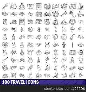 100 travel icons set in outline style for any design vector illustration. 100 travel icons set, outline style