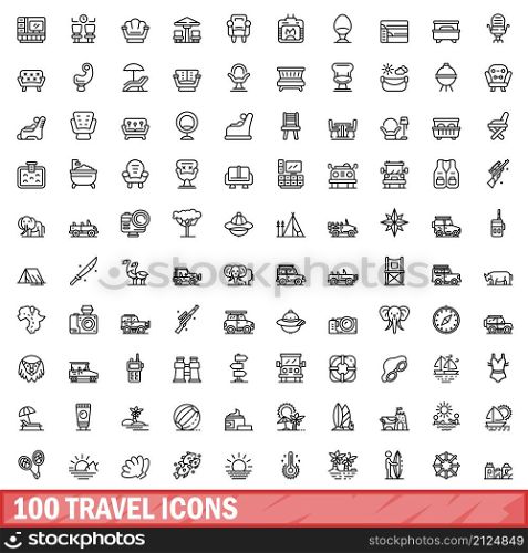 100 travel icons set. Outline illustration of 100 travel icons vector set isolated on white background. 100 travel icons set, outline style