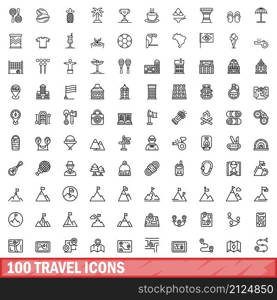 100 travel icons set. Outline illustration of 100 travel icons vector set isolated on white background. 100 travel icons set, outline style