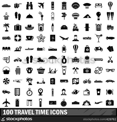 100 travel time icons set in simple style for any design vector illustration. 100 travel time icons set, simple style