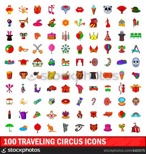 100 traveling circus icons set in cartoon style for any design vector illustration. 100 traveling circus icons set, cartoon style