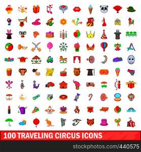 100 traveling circus icons set in cartoon style for any design vector illustration. 100 traveling circus icons set, cartoon style