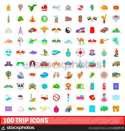 100 trip icons set in cartoon style for any design vector illustration. 100 trip icons set, cartoon style