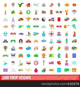 100 trip icons set in cartoon style for any design vector illustration. 100 trip icons set, cartoon style
