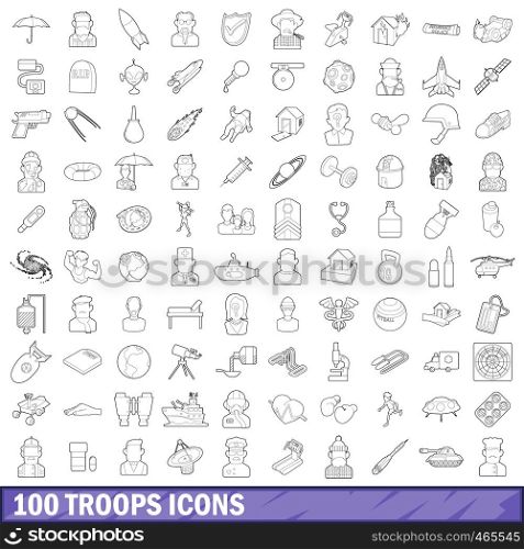100 troops icons set in outline style for any design vector illustration. 100 troops icons set, outline style