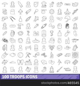 100 troops icons set in outline style for any design vector illustration. 100 troops icons set, outline style