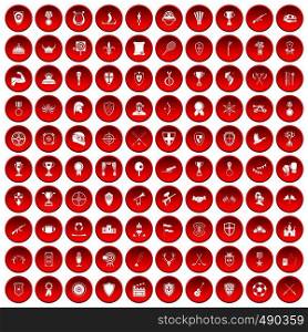 100 trophy and awards icons set in red circle isolated on white vector illustration. 100 trophy and awards icons set red