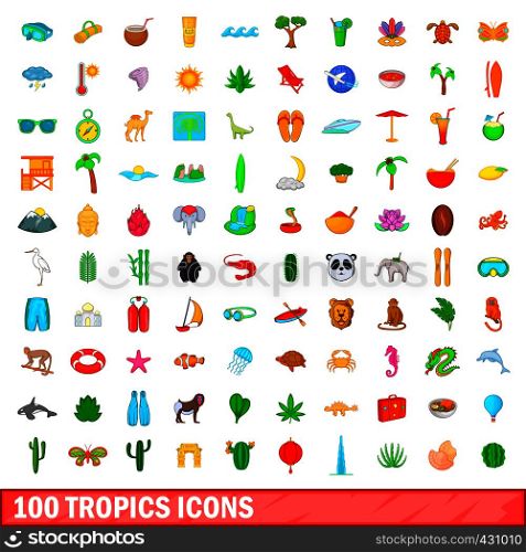 100 tropics icons set in cartoon style for any design vector illustration. 100 tropics icons set, cartoon style