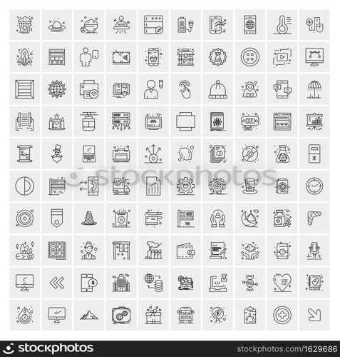 100 Universal Black Line Icons on White Background