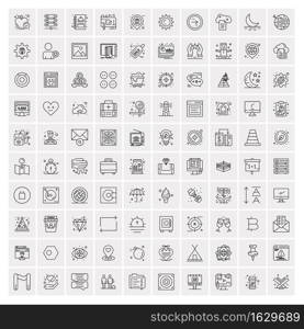 100 Universal Black Line Icons on White Background