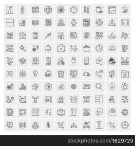 100 Universal Black Line Icons on White Background