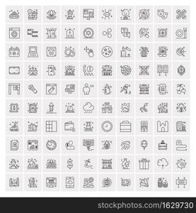 100 Universal Black Line Icons on White Background