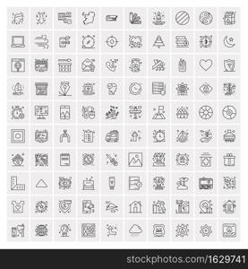 100 Universal Black Line Icons on White Background