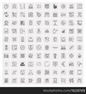 100 Universal Black Line Icons on White Background