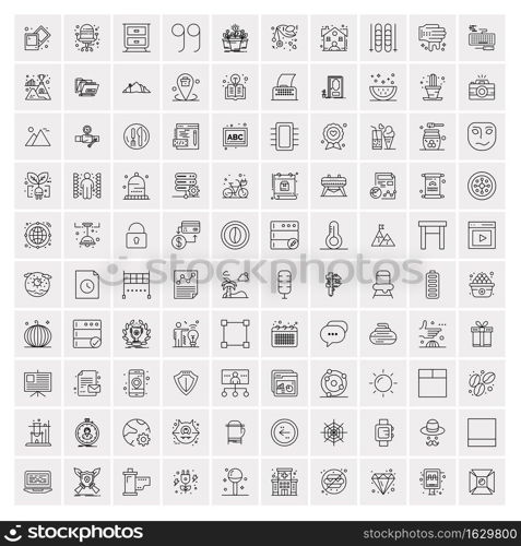 100 Universal Black Line Icons on White Background