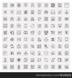 100 Universal Black Line Icons on White Background