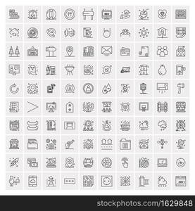 100 Universal Black Line Icons on White Background