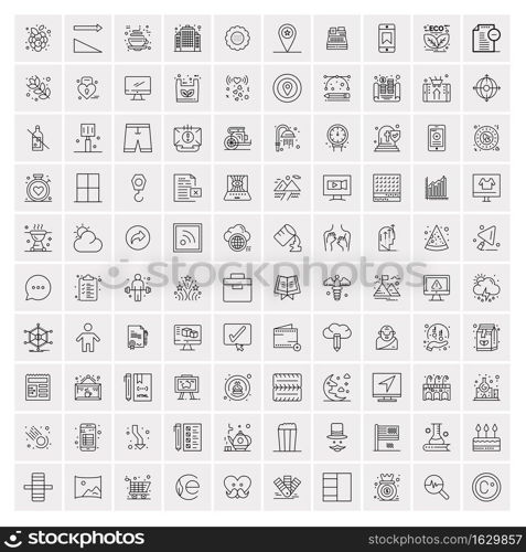 100 Universal Black Line Icons on White Background