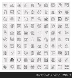 100 Universal Black Line Icons on White Background