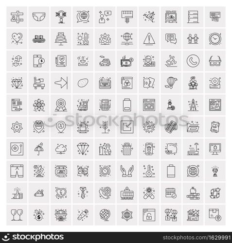 100 Universal Black Line Icons on White Background