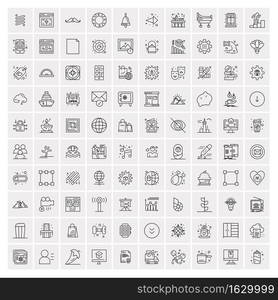 100 Universal Black Line Icons on White Background