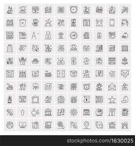 100 Universal Black Line Icons on White Background