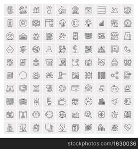 100 Universal Black Line Icons on White Background