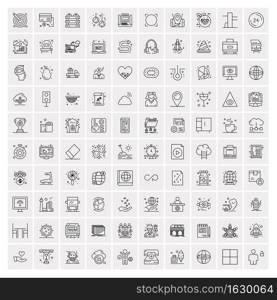 100 Universal Black Line Icons on White Background