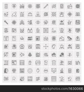 100 Universal Black Line Icons on White Background