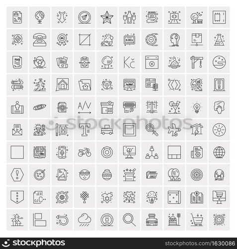 100 Universal Black Line Icons on White Background