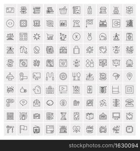 100 Universal Black Line Icons on White Background