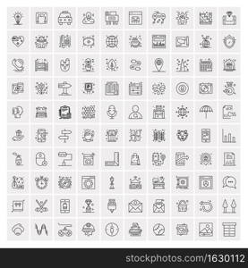 100 Universal Black Line Icons on White Background