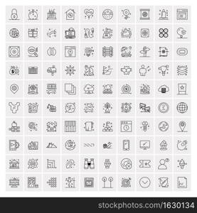 100 Universal Black Line Icons on White Background