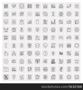 100 Universal Black Line Icons on White Background