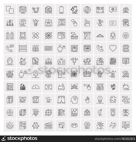 100 Universal Black Line Icons on White Background