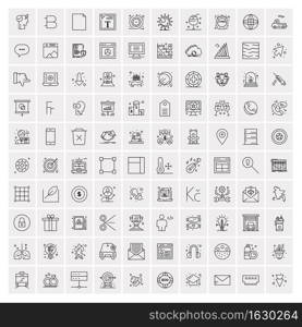 100 Universal Black Line Icons on White Background