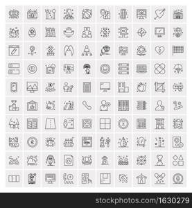 100 Universal Black Line Icons on White Background