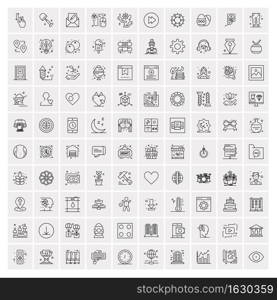 100 Universal Black Line Icons on White Background