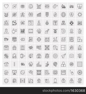 100 Universal Black Line Icons on White Background