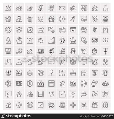 100 Universal Black Line Icons on White Background