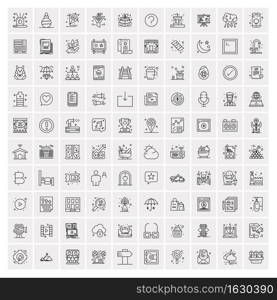 100 Universal Black Line Icons on White Background