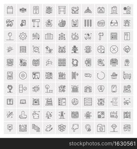 100 Universal Black Line Icons on White Background