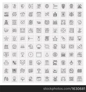 100 Universal Black Line Icons on White Background