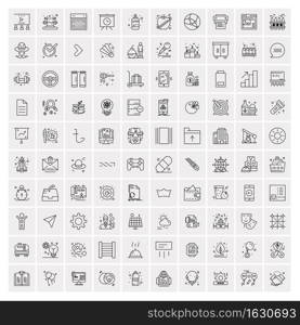 100 Universal Black Line Icons on White Background