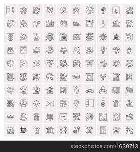 100 Universal Black Line Icons on White Background