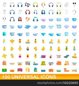 100 universal icons set. Cartoon illustration of 100 universal icons vector set isolated on white background. 100 universal icons set, cartoon style