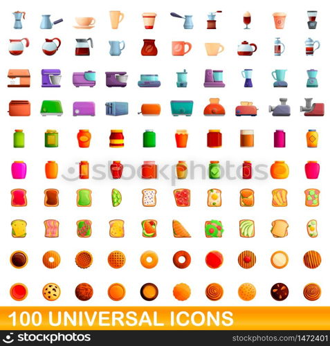 100 universal icons set. Cartoon illustration of 100 universal icons vector set isolated on white background. 100 universal icons set, cartoon style